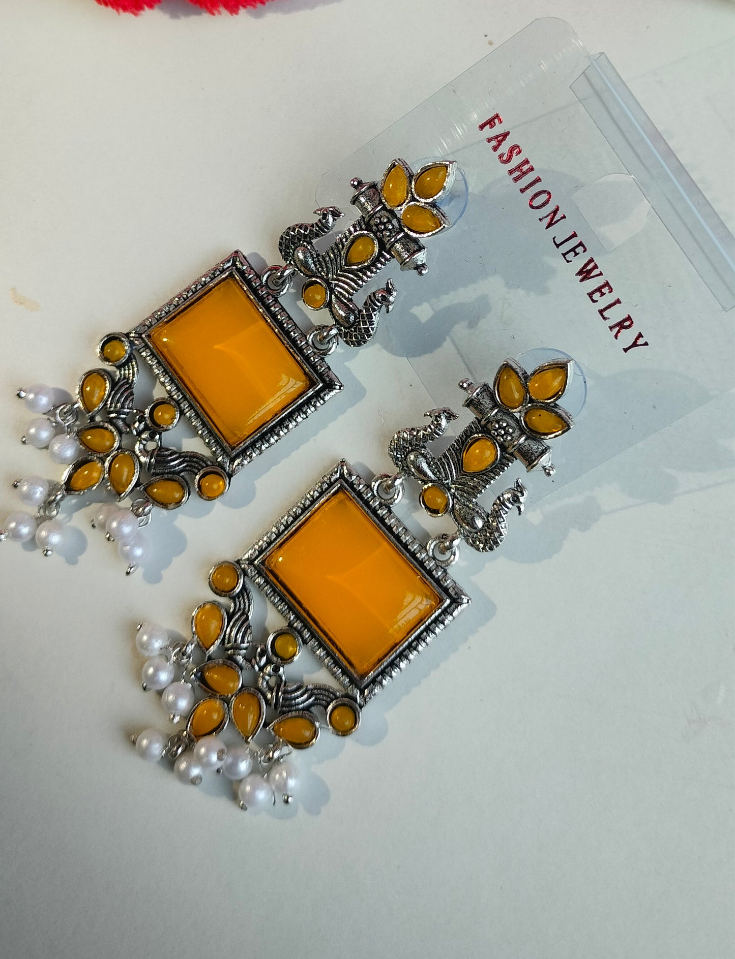 Oxidized Silver Peacock Dangler Earrings with Yellow Stone & Pearl Drops – Ethnic Party Wear Jewelry for Women