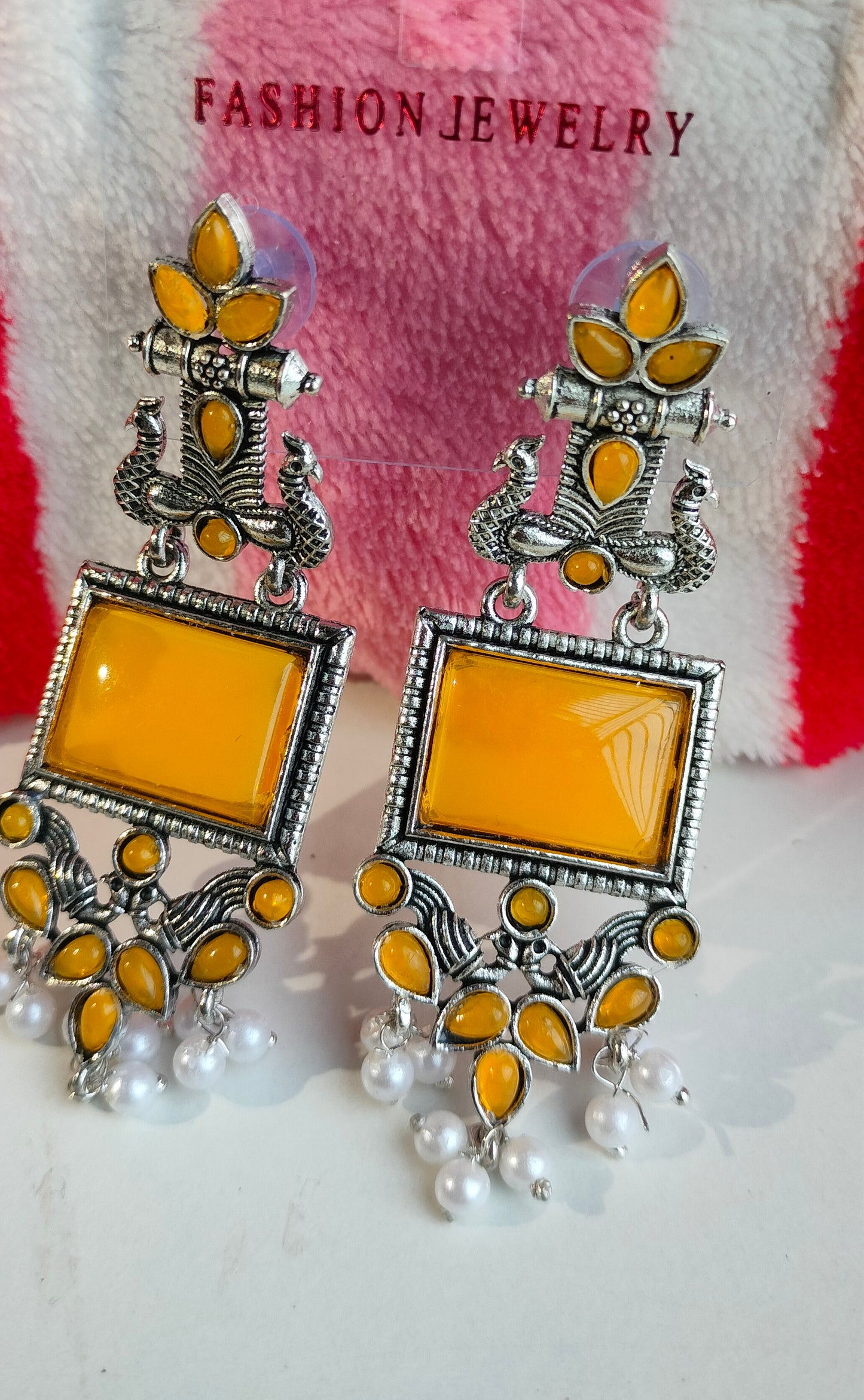 Oxidized Silver Peacock Dangler Earrings with Yellow Stone & Pearl Drops – Ethnic Party Wear Jewelry for Women