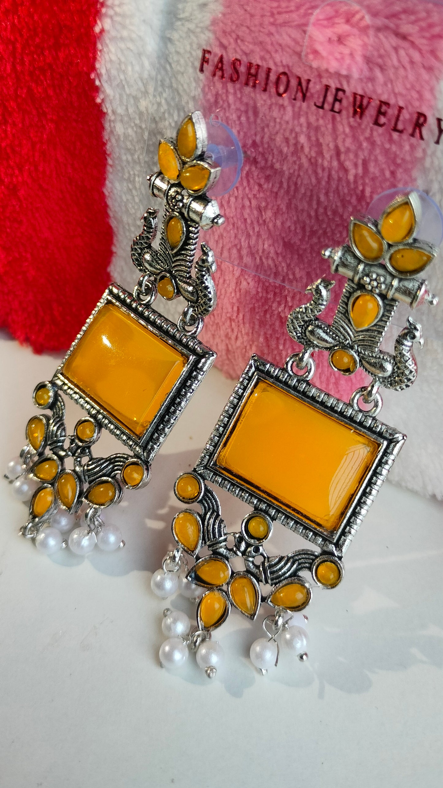 Oxidized Silver Peacock Dangler Earrings with Yellow Stone & Pearl Drops – Ethnic Party Wear Jewelry for Women