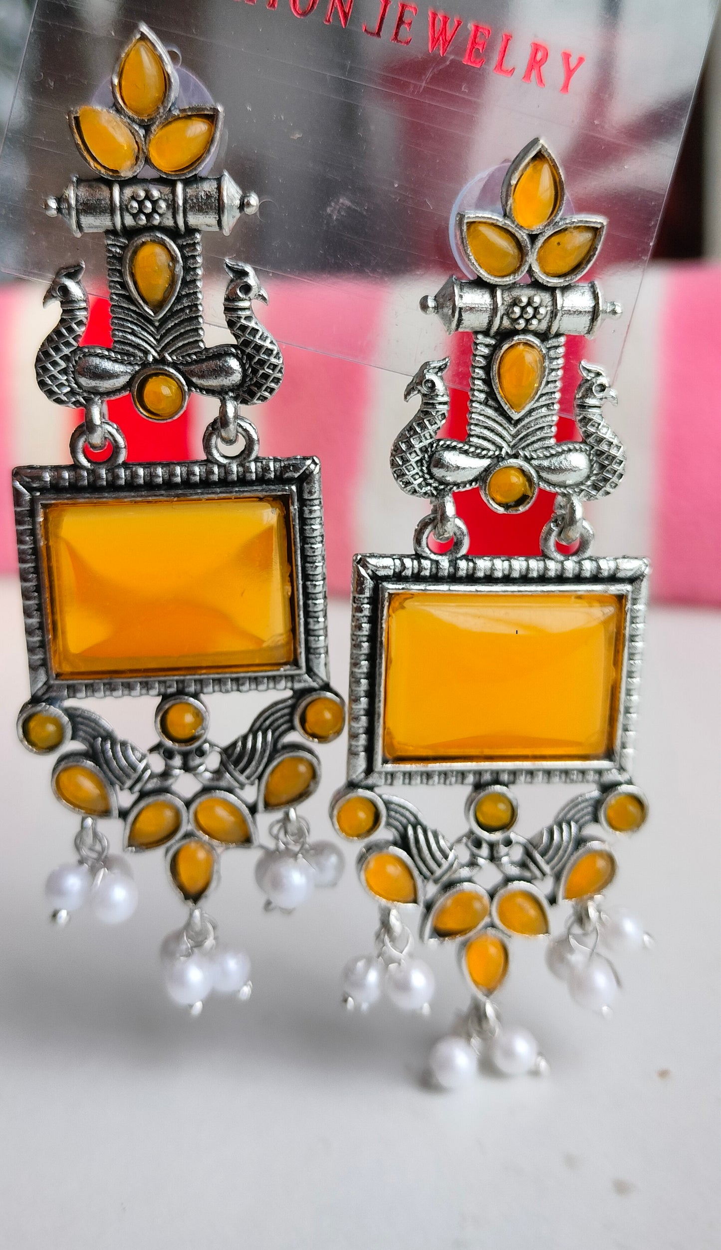 Oxidized Silver Peacock Dangler Earrings with Yellow Stone & Pearl Drops – Ethnic Party Wear Jewelry for Women