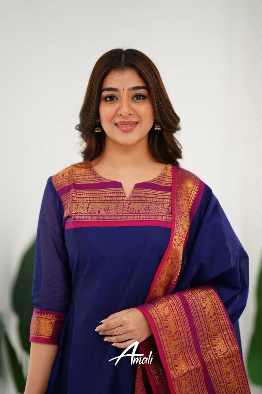 Beautiful Royal Blue Colored South Cotton  Kurti-Leggings With Dupatta set