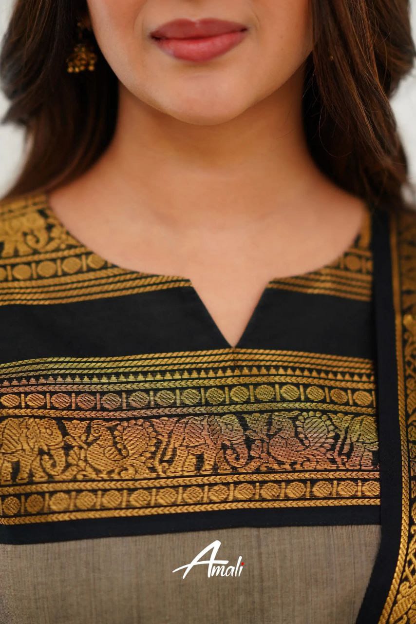 Beautiful Grey Colored South Cotton  Kurti-Leggings With Dupatta set