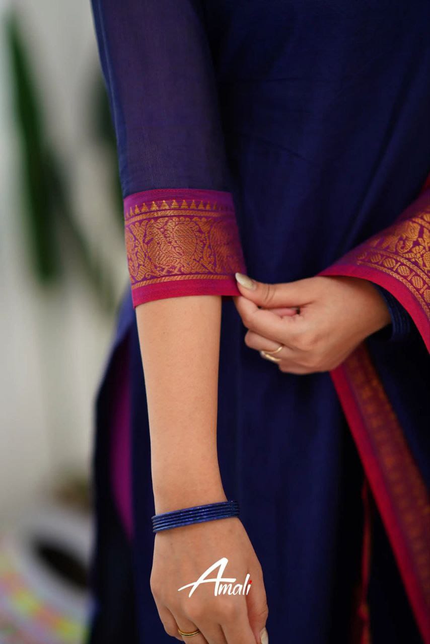 Beautiful Royal Blue Colored South Cotton  Kurti-Leggings With Dupatta set