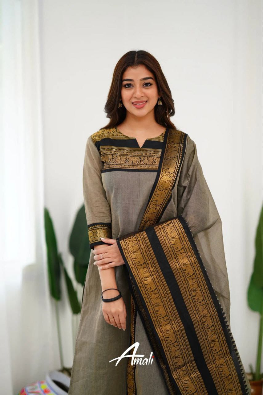 Beautiful Grey Colored South Cotton  Kurti-Leggings With Dupatta set