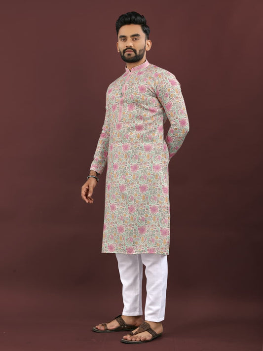 Mens Traditional wear Pink Colored Semi Linen  Digital Printed Kurtas