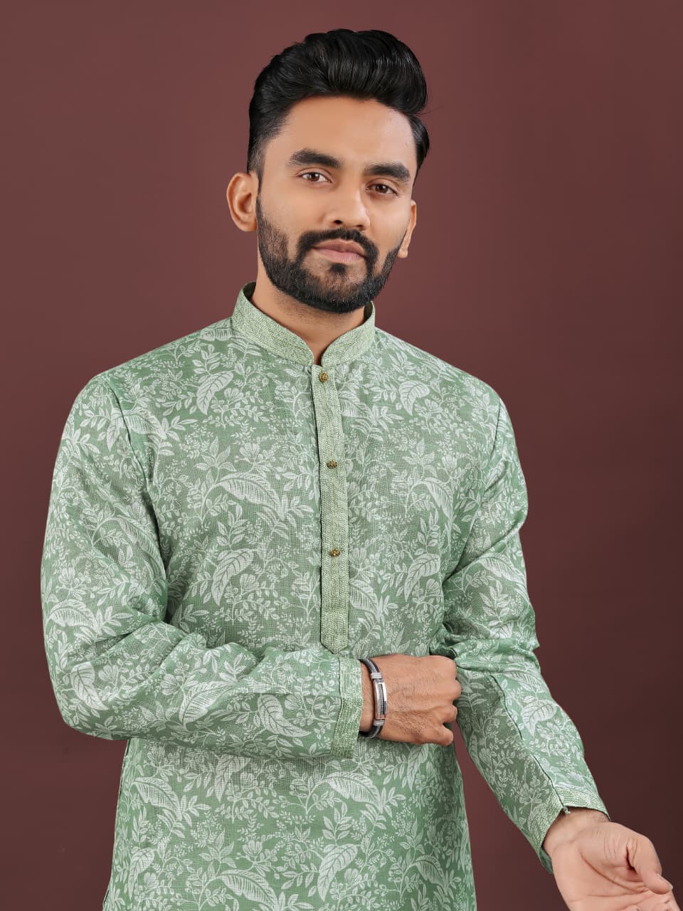 Mens Traditional Wear Light Green Colored Semi Linen  Digital Printed Kurta