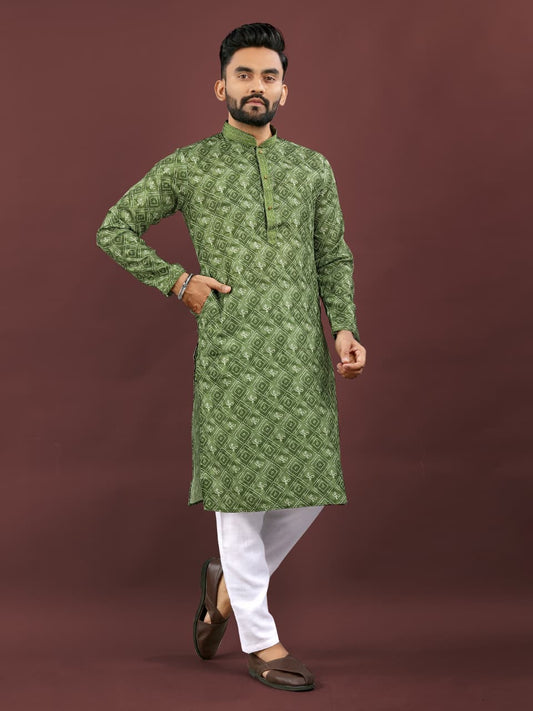 Mens Traditional Wear Dark Green Colored Semi Linen  Digital Printed Kurta
