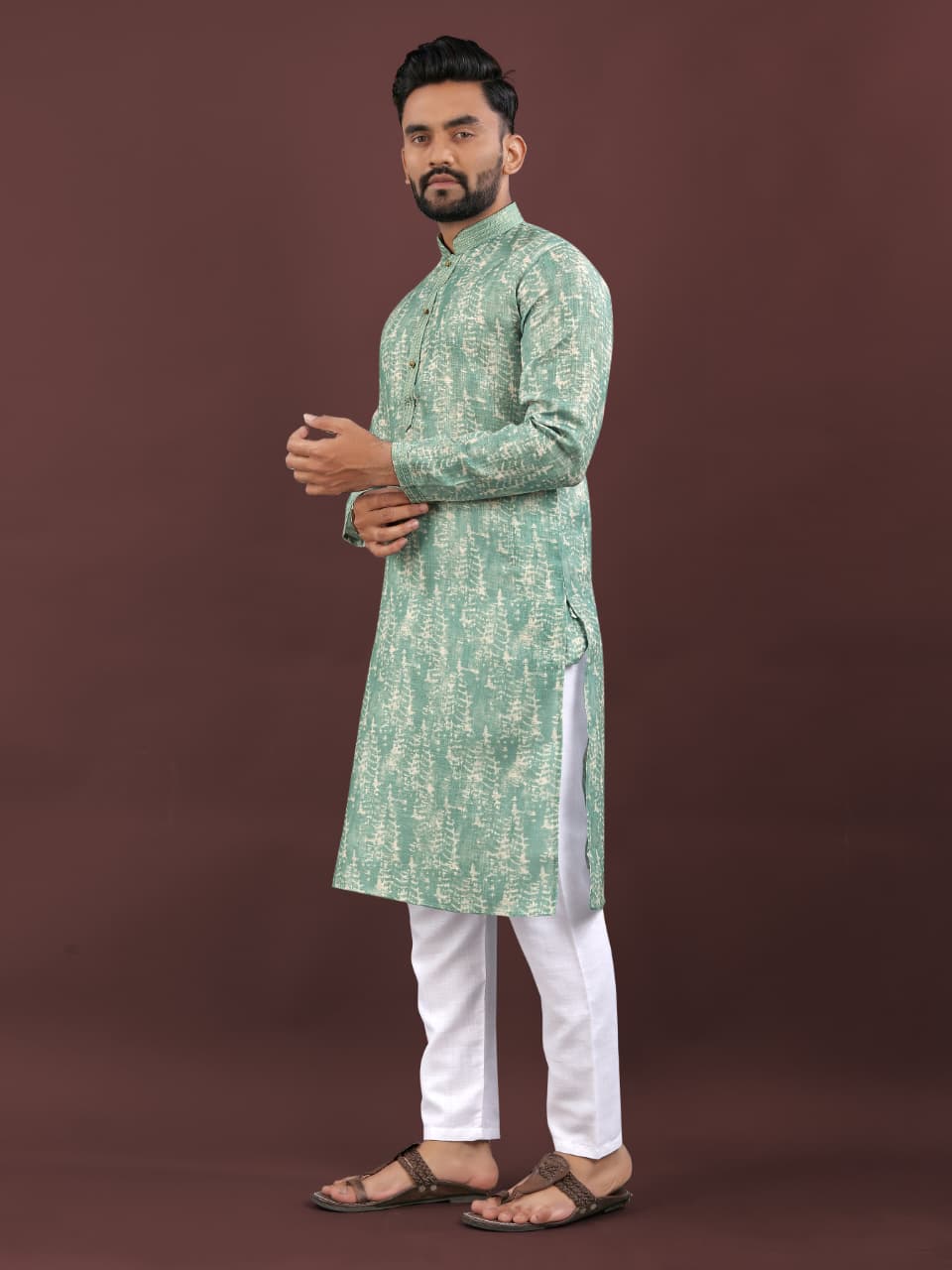 Mens Traditional Wear Light Green Colored Semi Linen  Digital Printed Kurta