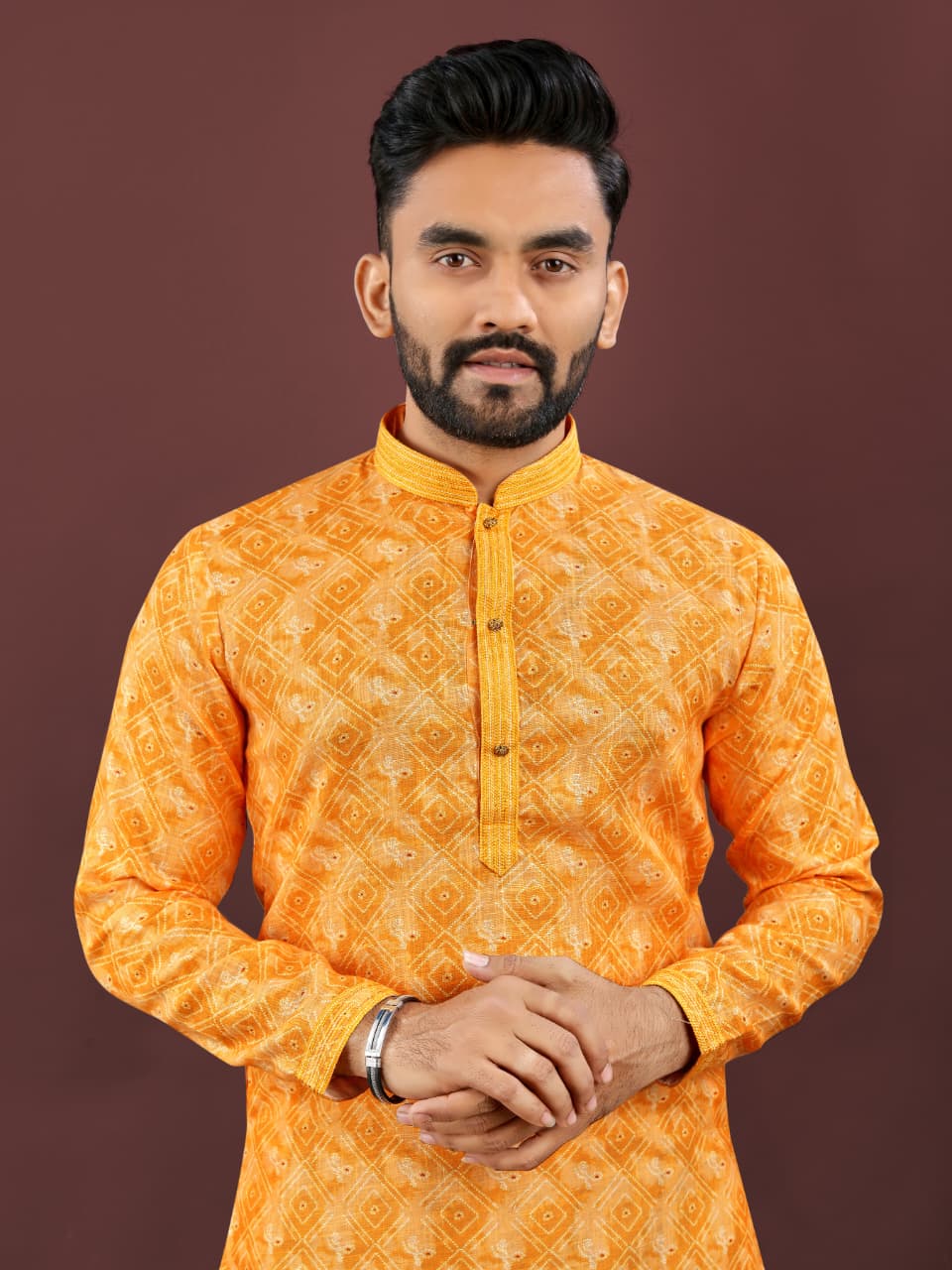 Mens Traditional Wear Yellow Colored Semi Linen  Digital Printed Kurta