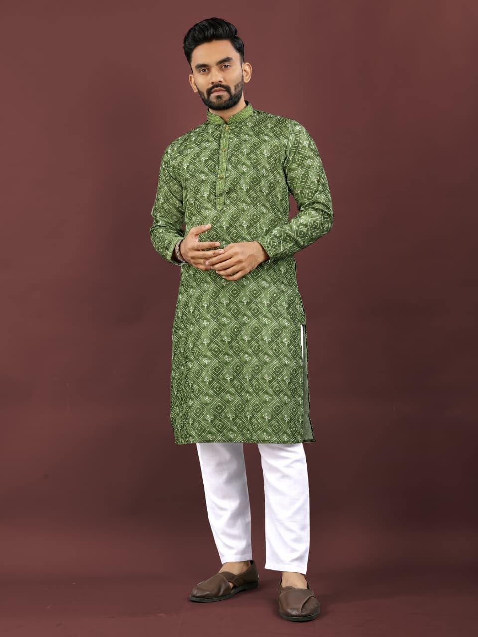 Mens Traditional Wear Dark Green Colored Semi Linen  Digital Printed Kurta