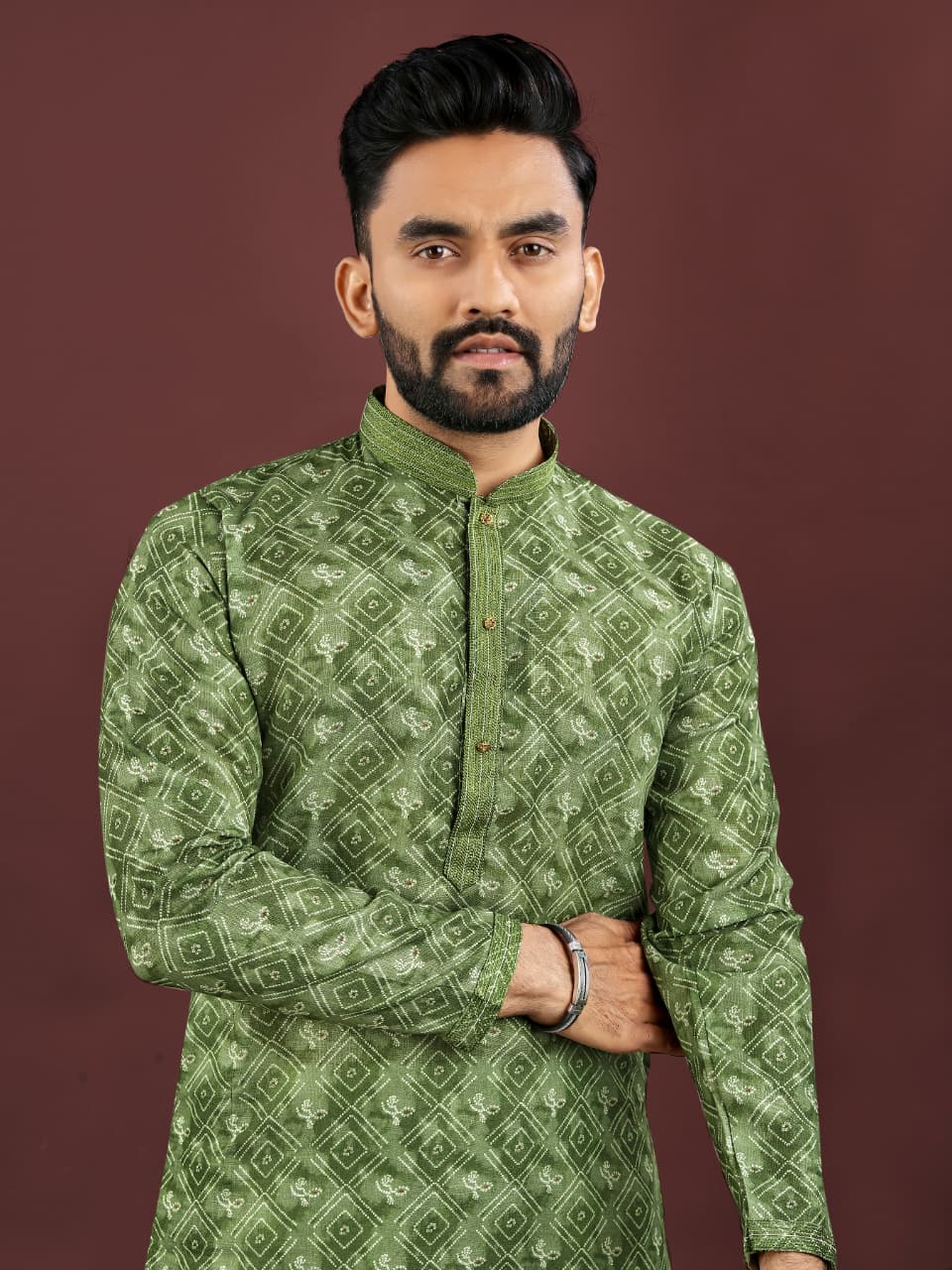 Mens Traditional Wear Dark Green Colored Semi Linen  Digital Printed Kurta