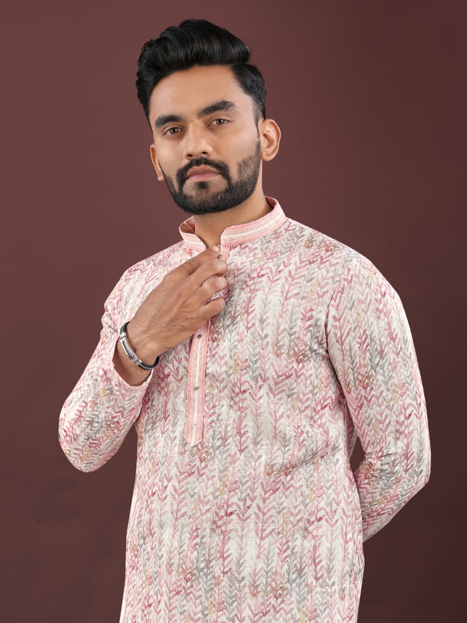 Mens Traditional wear Pink Colored Semi Linen  Digital Printed Kurtas