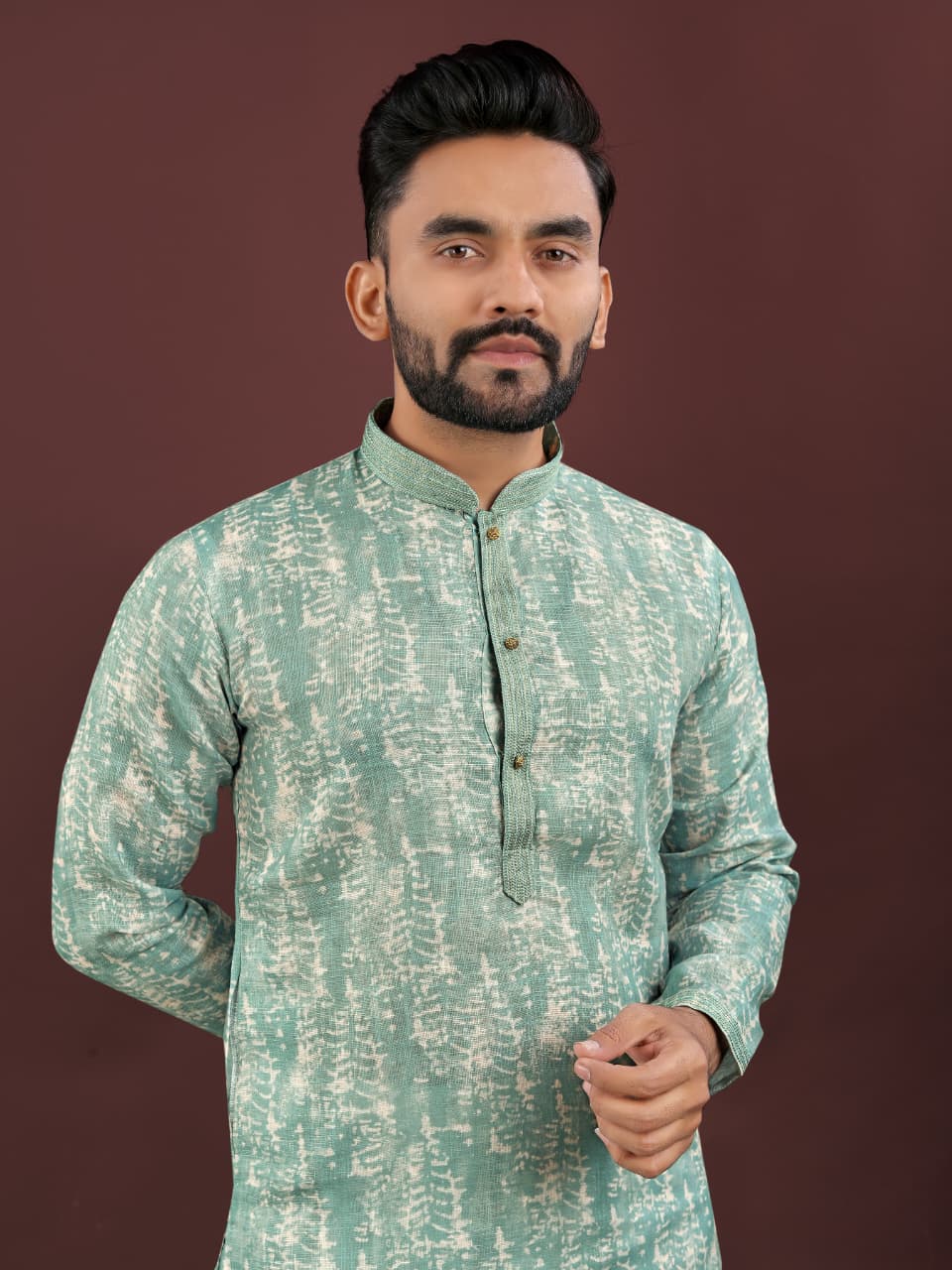 Mens Traditional Wear Light Green Colored Semi Linen  Digital Printed Kurta