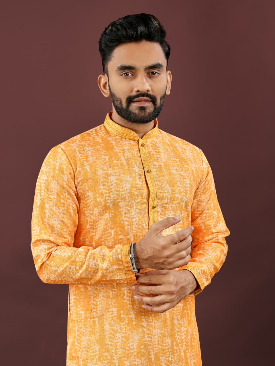 Mens Traditional Wear Yellow Colored Semi Linen  Digital Printed Kurta