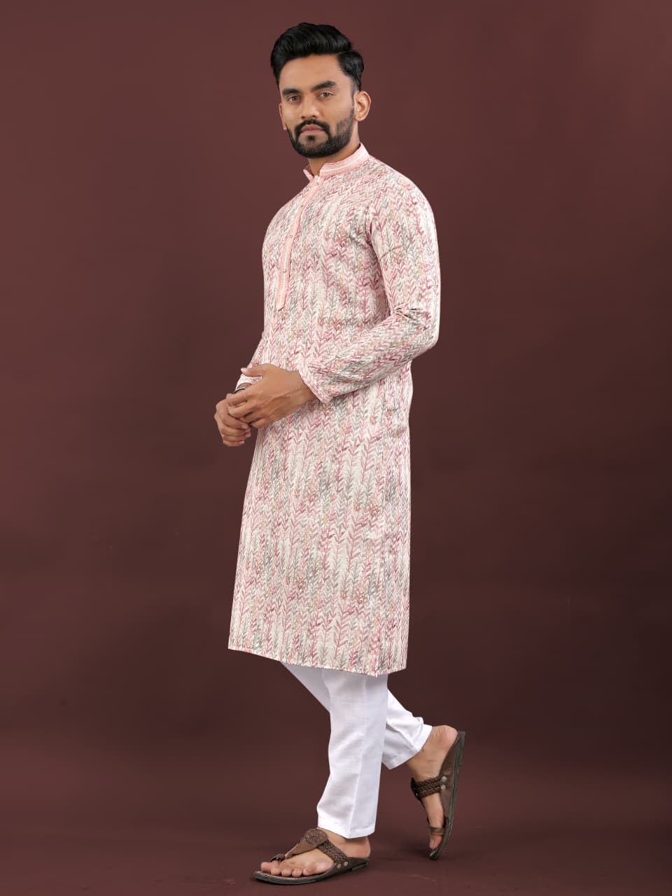 Mens Traditional wear Pink Colored Semi Linen  Digital Printed Kurtas