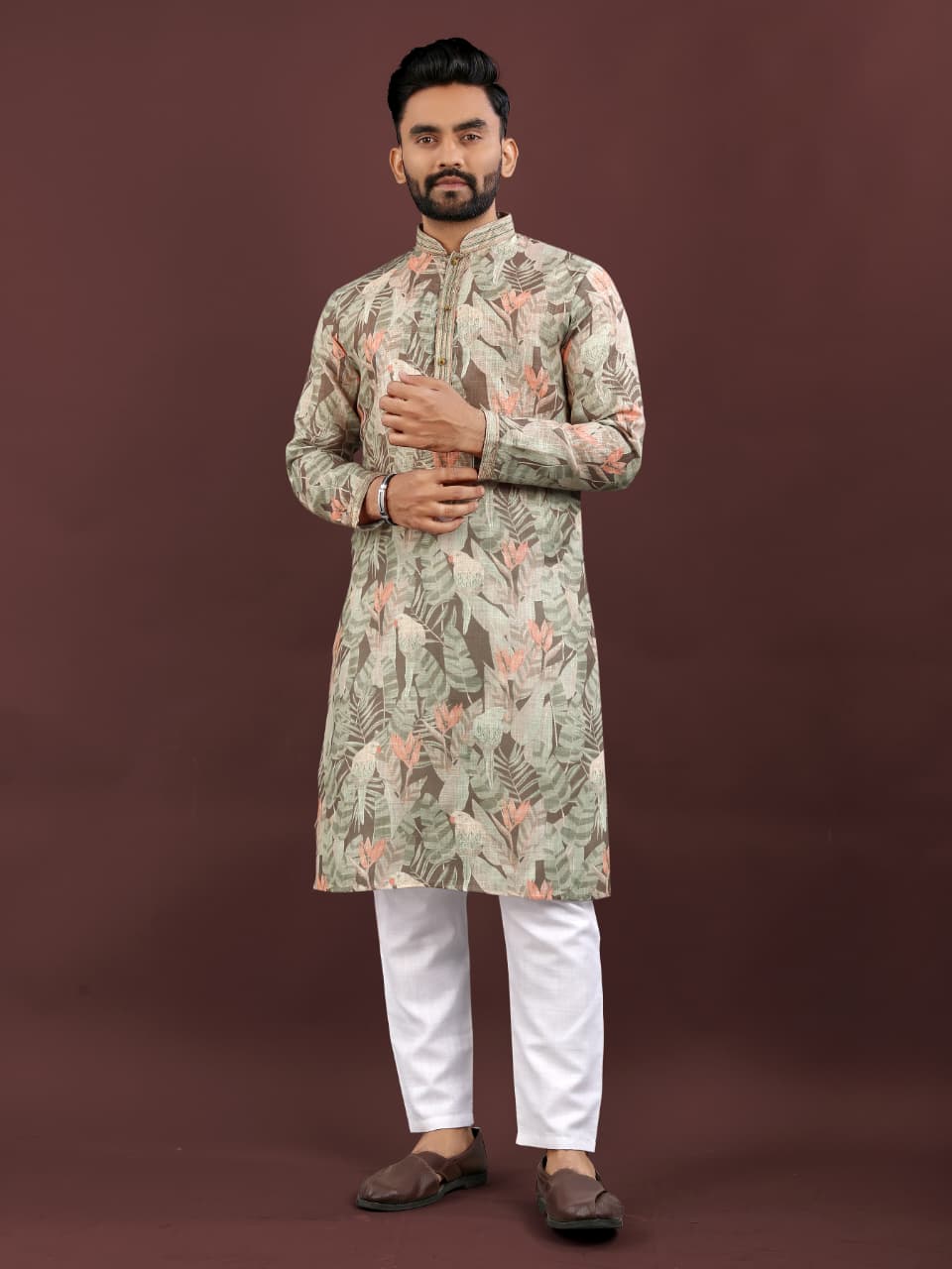 Mens Traditional Wear Multi-Colored Semi Linen  Digital Printed Kurta