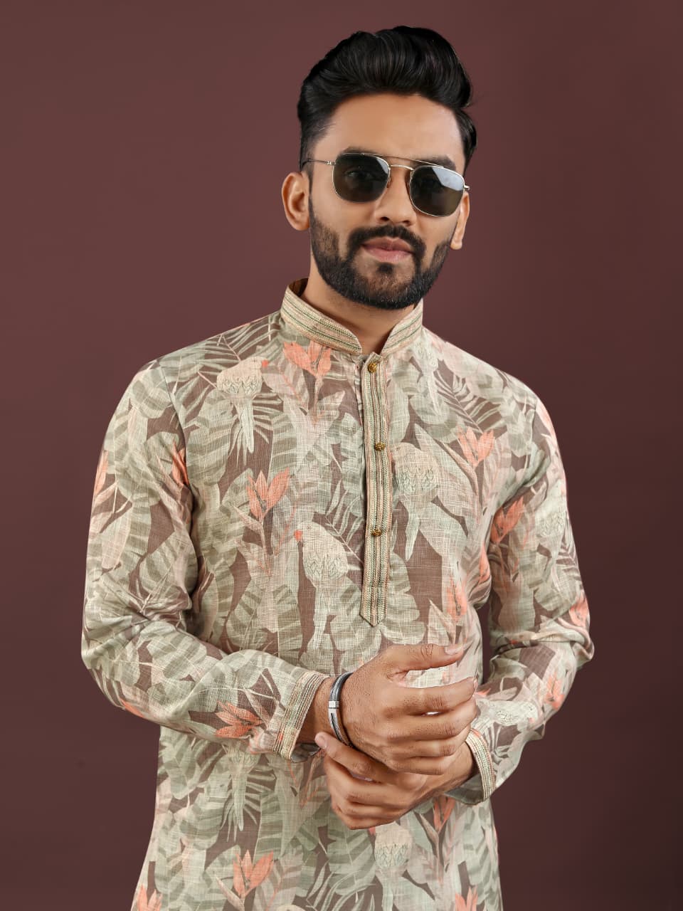 Mens Traditional Wear Multi-Colored Semi Linen  Digital Printed Kurta