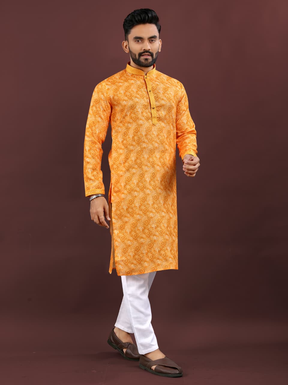 Mens Traditional Wear Yellow Colored Semi Linen  Digital Printed Kurta