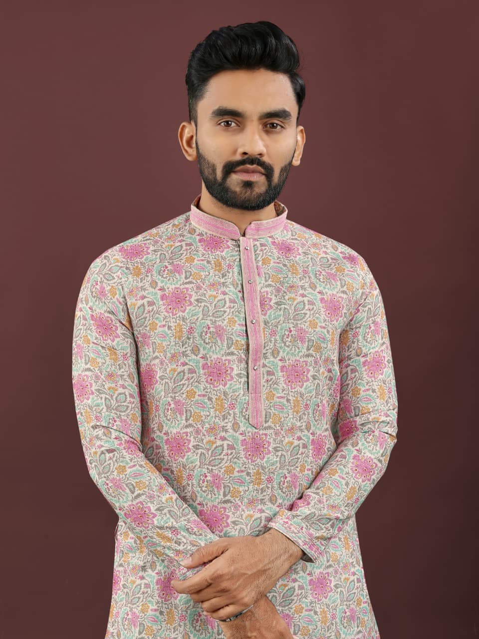 Mens Traditional wear Pink Colored Semi Linen  Digital Printed Kurtas