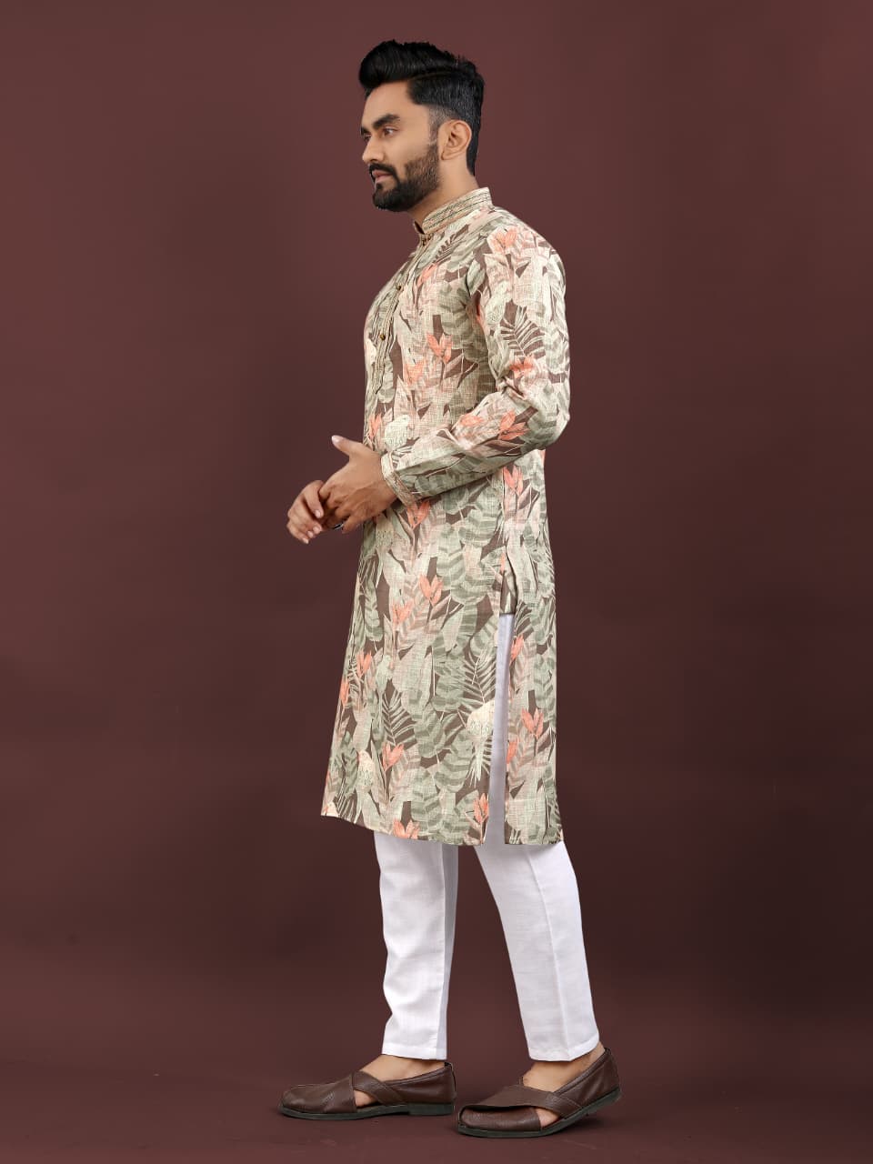 Mens Traditional Wear Multi-Colored Semi Linen  Digital Printed Kurta