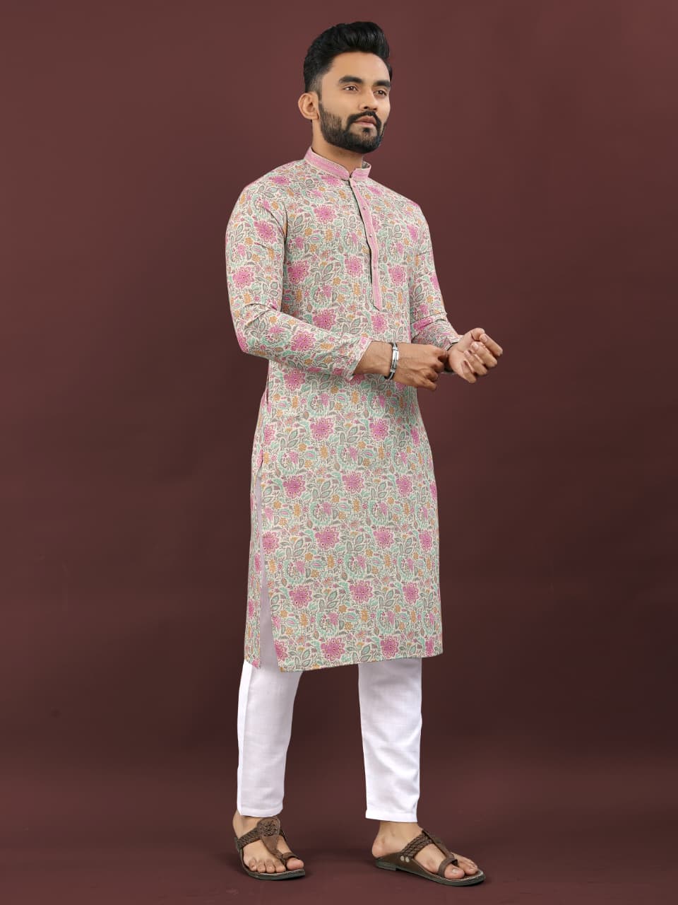 Mens Traditional wear Pink Colored Semi Linen  Digital Printed Kurtas