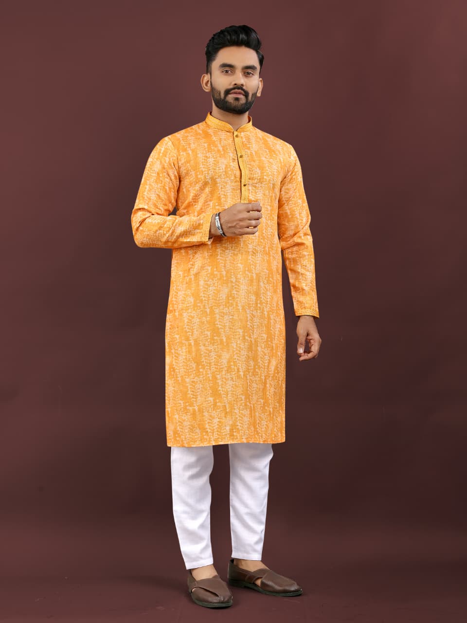 Mens Traditional Wear Yellow Colored Semi Linen  Digital Printed Kurta