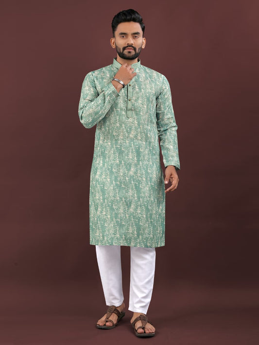 Mens Traditional Wear Light Green Colored Semi Linen  Digital Printed Kurta