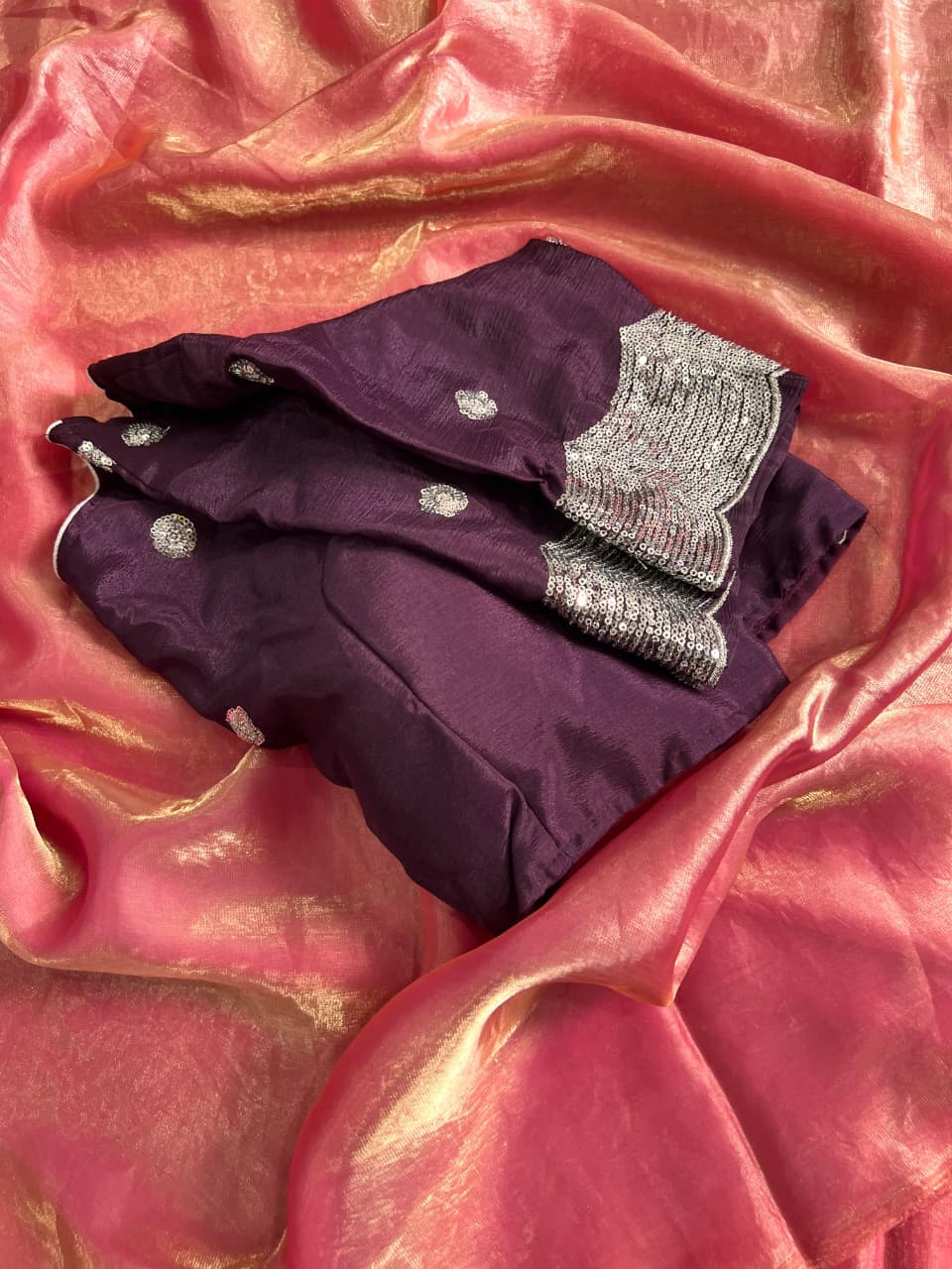 New Space Silk Purple Colored Saree With Full-Stitched Embroidery Blouse