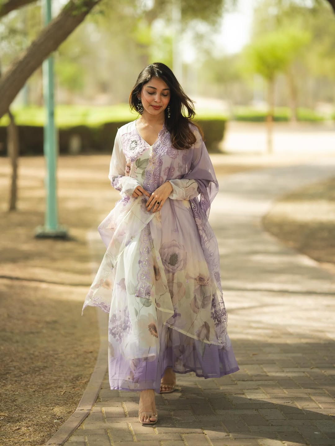 Premium White Colored Organza Digital Floral Print Salwar Kameez with Embroidered Dupatta