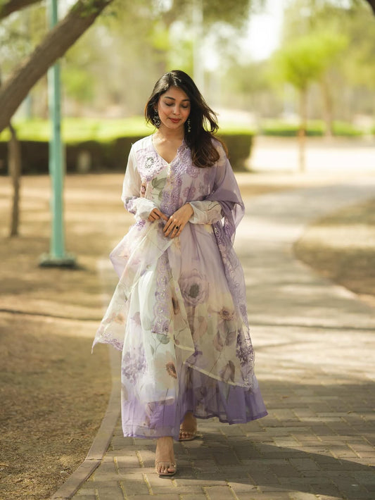 Premium White Colored Organza Digital Floral Print Salwar Kameez with Embroidered Dupatta