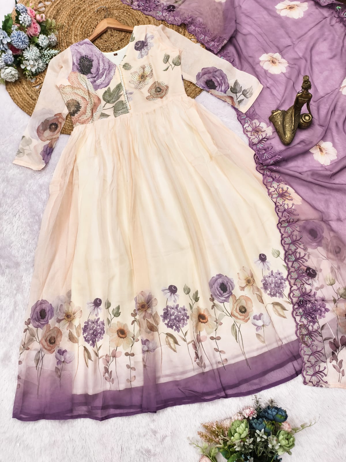 Premium White Colored Organza Digital Floral Print Salwar Kameez with Embroidered Dupatta