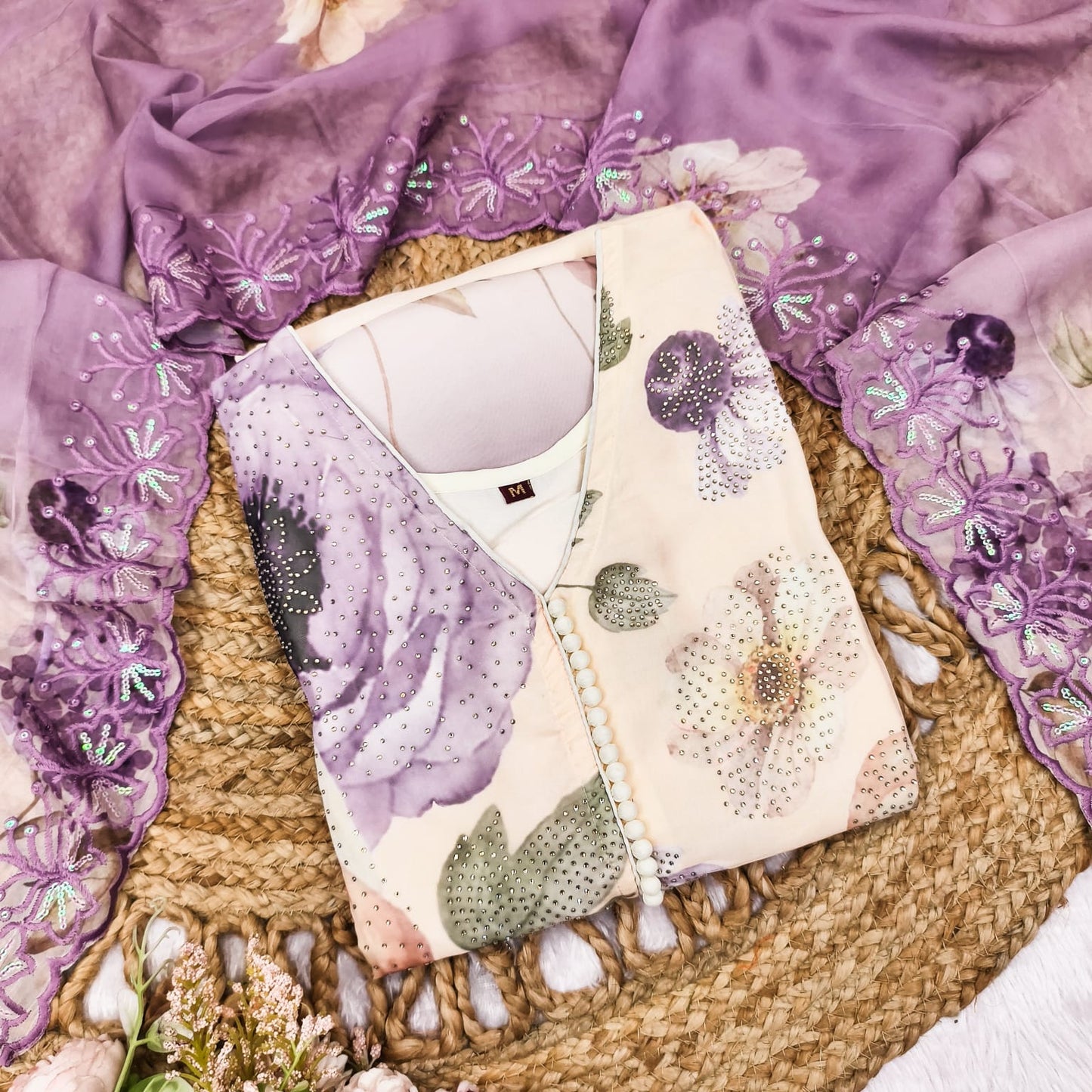 Premium White Colored Organza Digital Floral Print Salwar Kameez with Embroidered Dupatta