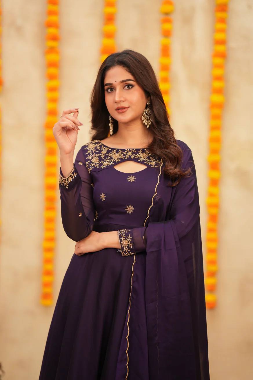 Premium Purple Colored Sparkling Georgette Glimmer Gown with Monochrome Dupatta