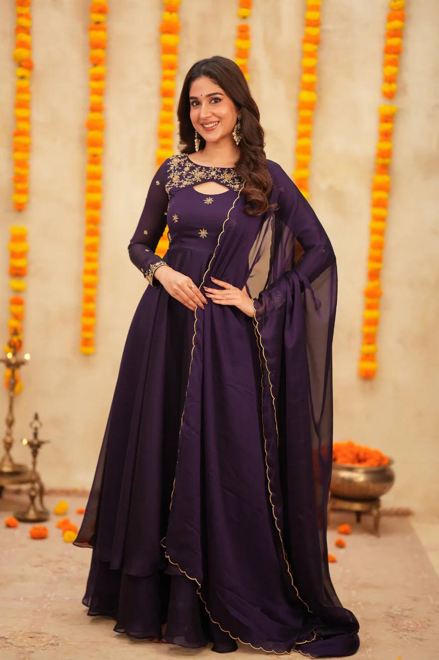 Premium Purple Colored Sparkling Georgette Glimmer Gown with Monochrome Dupatta