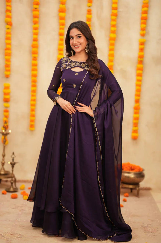 Premium Purple Colored Sparkling Georgette Glimmer Gown with Monochrome Dupatta