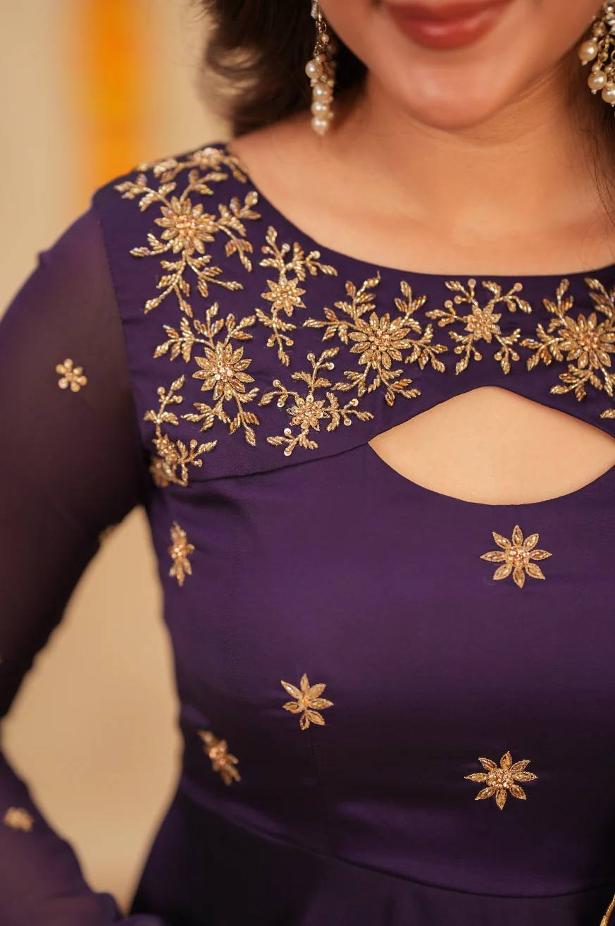 Premium Purple Colored Sparkling Georgette Glimmer Gown with Monochrome Dupatta