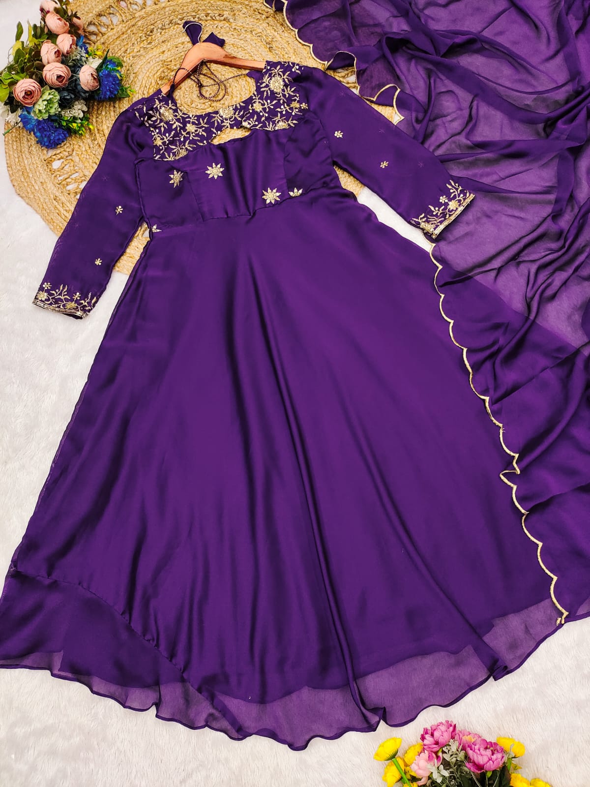 Premium Purple Colored Sparkling Georgette Glimmer Gown with Monochrome Dupatta