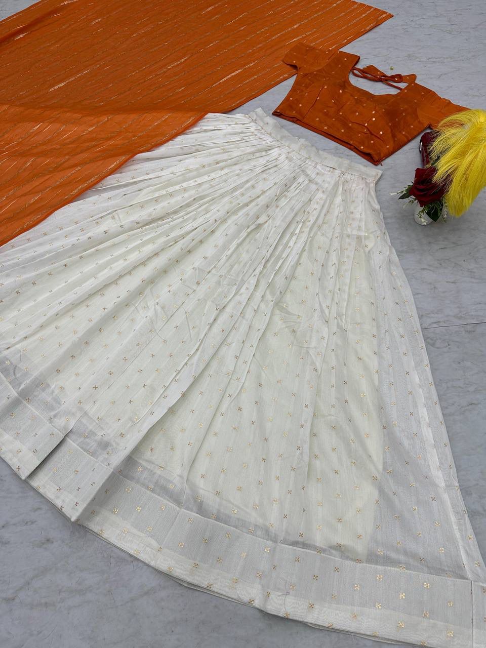 Latest Orange and White Colored Jacquard Silk Festive Lehenga Choli