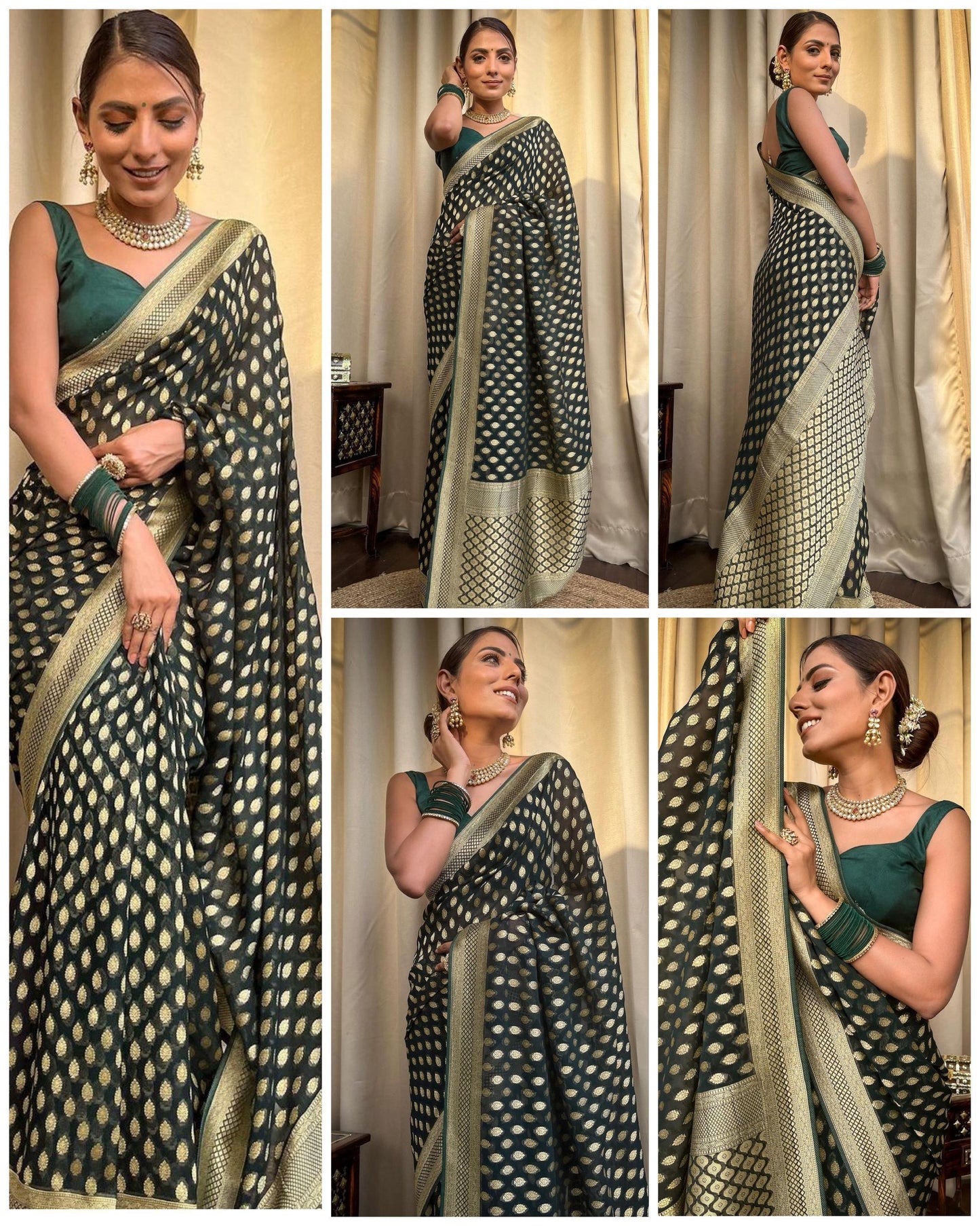Embracing Dark Green Colored Soft Lichi Silk Saree with Heavy Jacquard Work & Rich Border