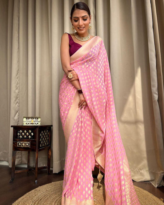 Embracing Pink Colored Soft Lichi Silk Saree with Heavy Jacquard Work & Rich Border