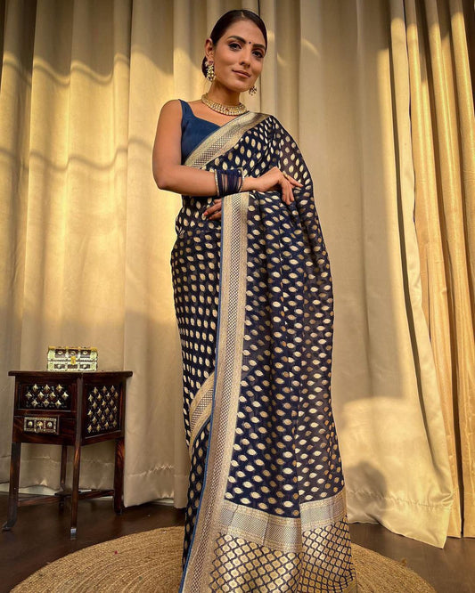 Embracing Navy Blue Colored Soft Lichi Silk Saree with Heavy Jacquard Work & Rich Border