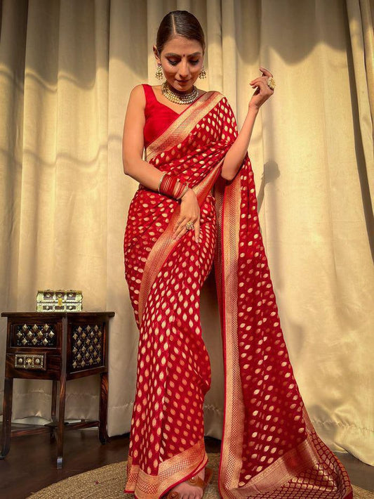 Embracing Red Colored Soft Lichi Silk Saree with Heavy Jacquard Work & Rich Border