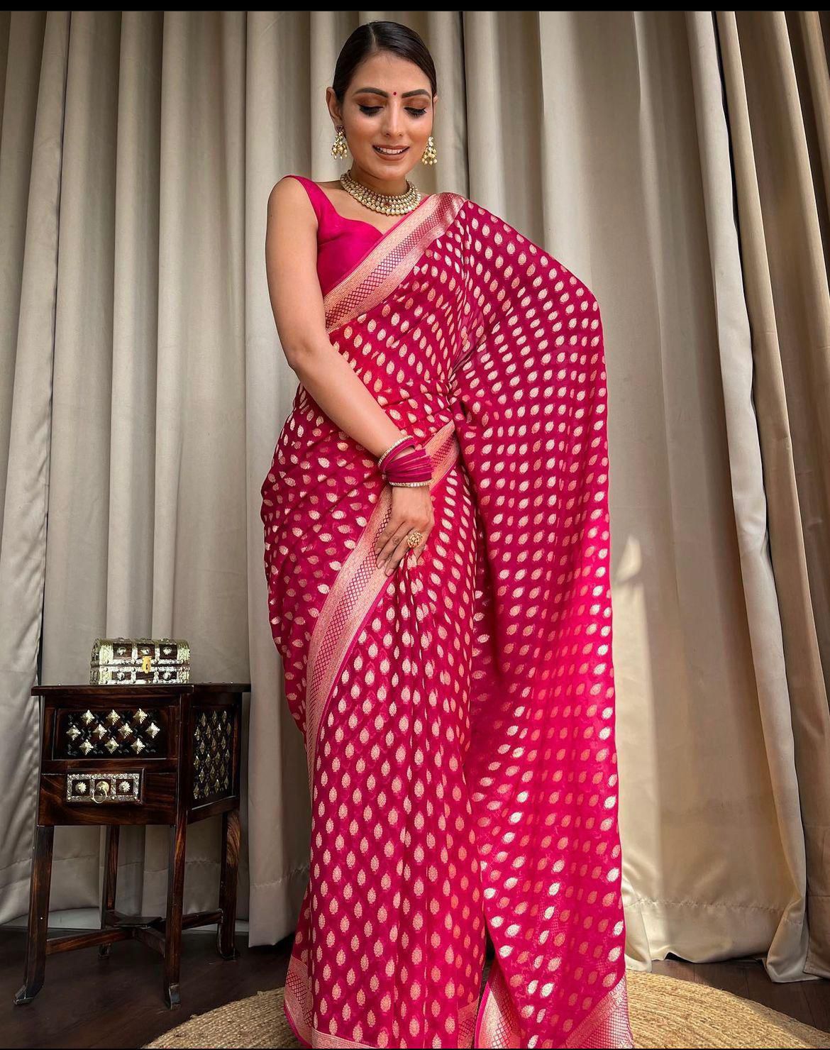 Embracing Rani Pink Colored Soft Lichi Silk Saree with Heavy Jacquard Work & Rich Border