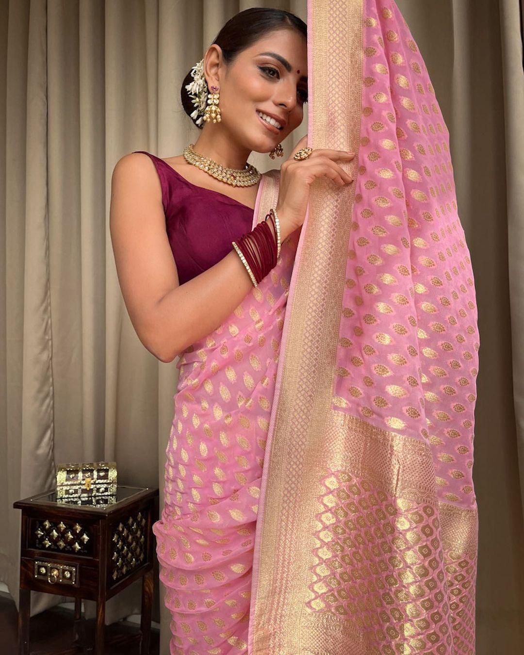 Embracing Pink Colored Soft Lichi Silk Saree with Heavy Jacquard Work & Rich Border