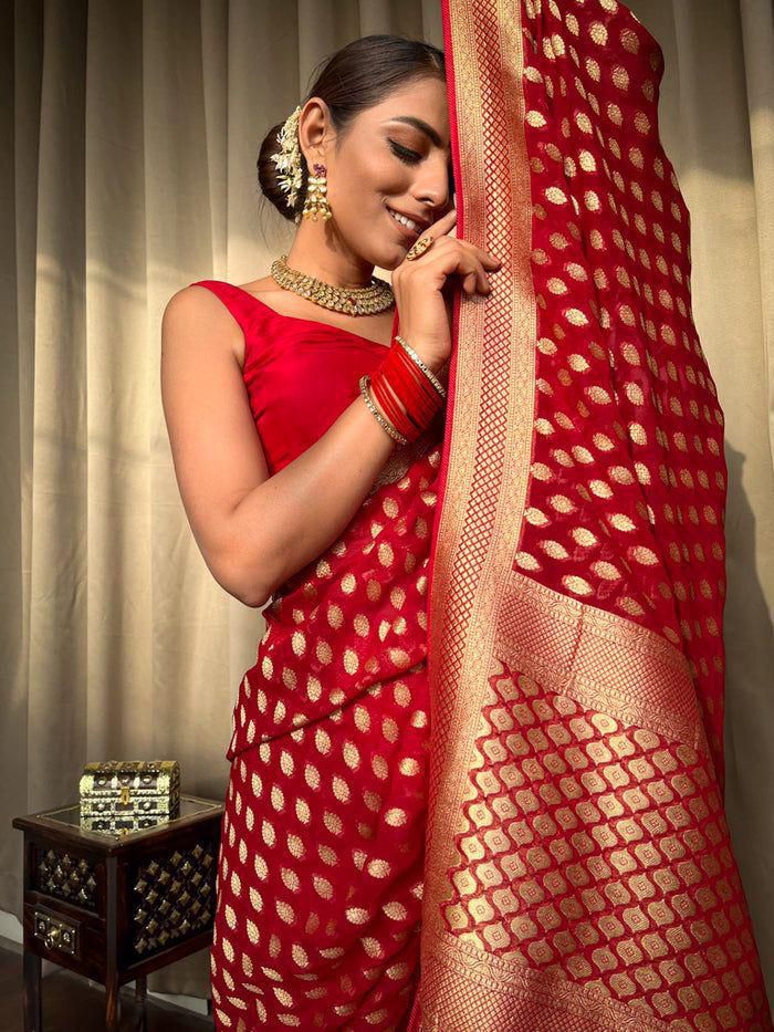 Embracing Red Colored Soft Lichi Silk Saree with Heavy Jacquard Work & Rich Border