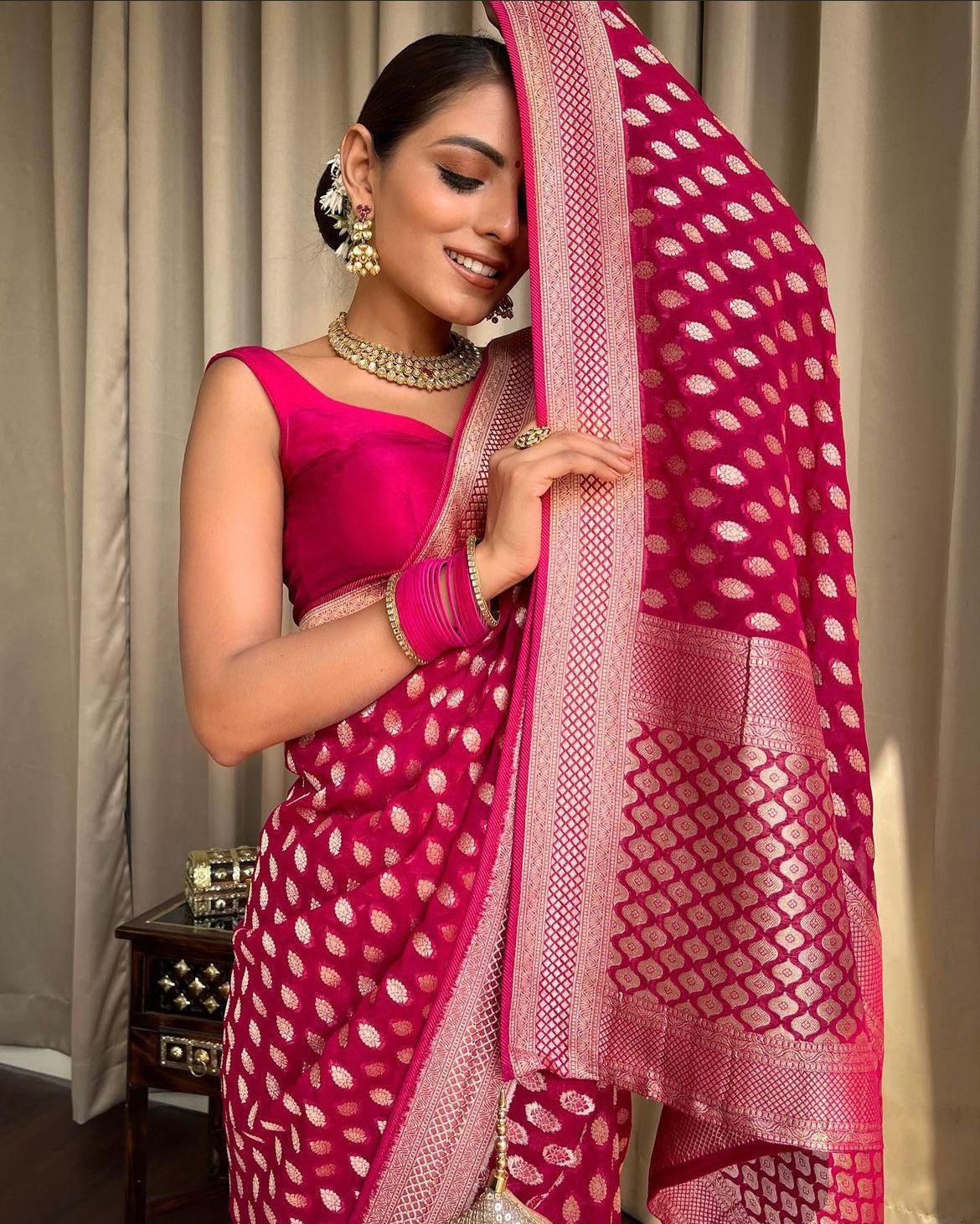 Embracing Rani Pink Colored Soft Lichi Silk Saree with Heavy Jacquard Work & Rich Border