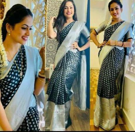 Premium Black Colored Soft Lichi Silk Saree with Rich Pallu & Contrast Jacquard Border Blouse