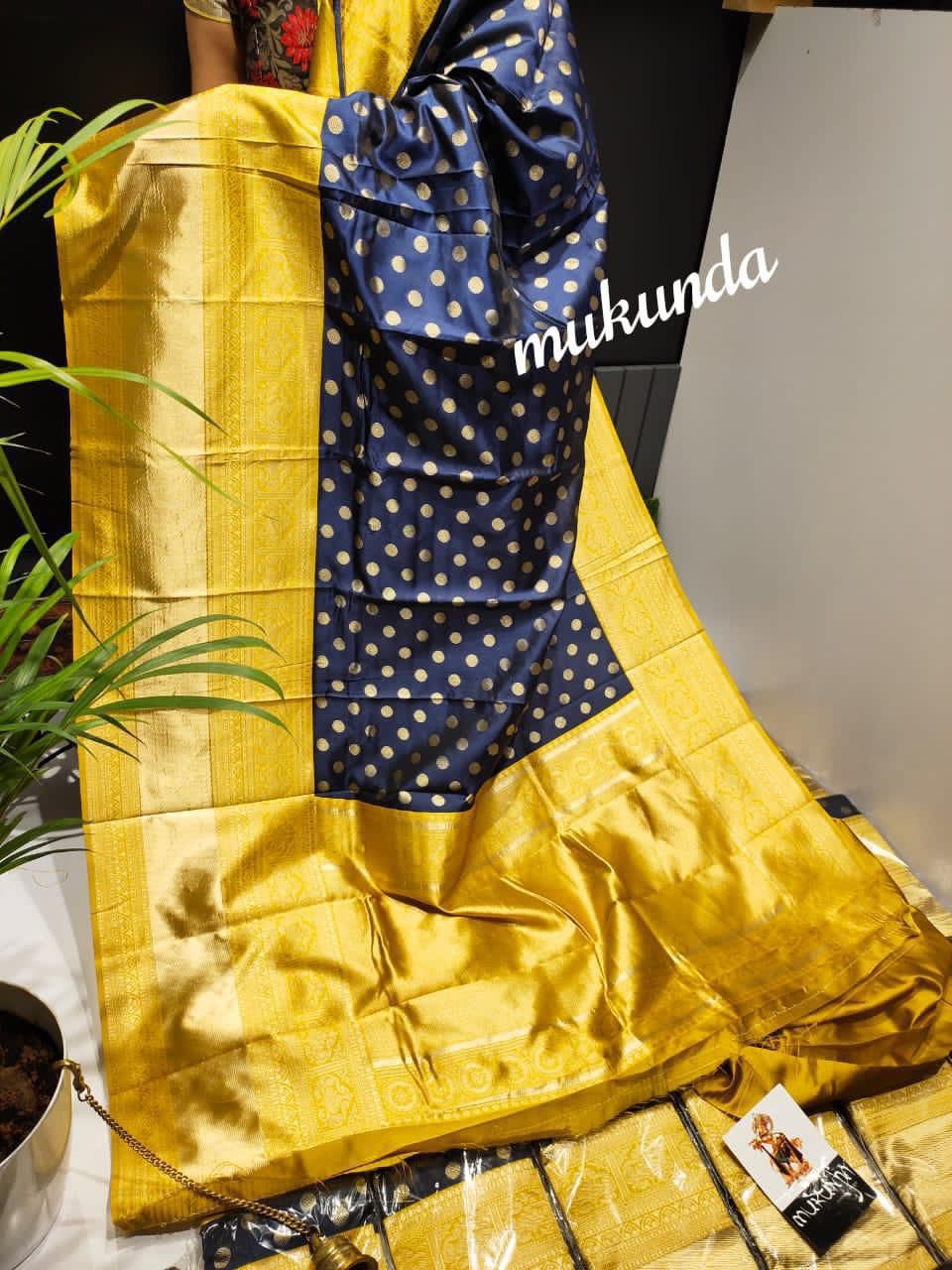 Premium Yellow & Navy Blue Colored Soft Lichi Silk Saree with Rich Pallu & Contrast Jacquard Border Blouse