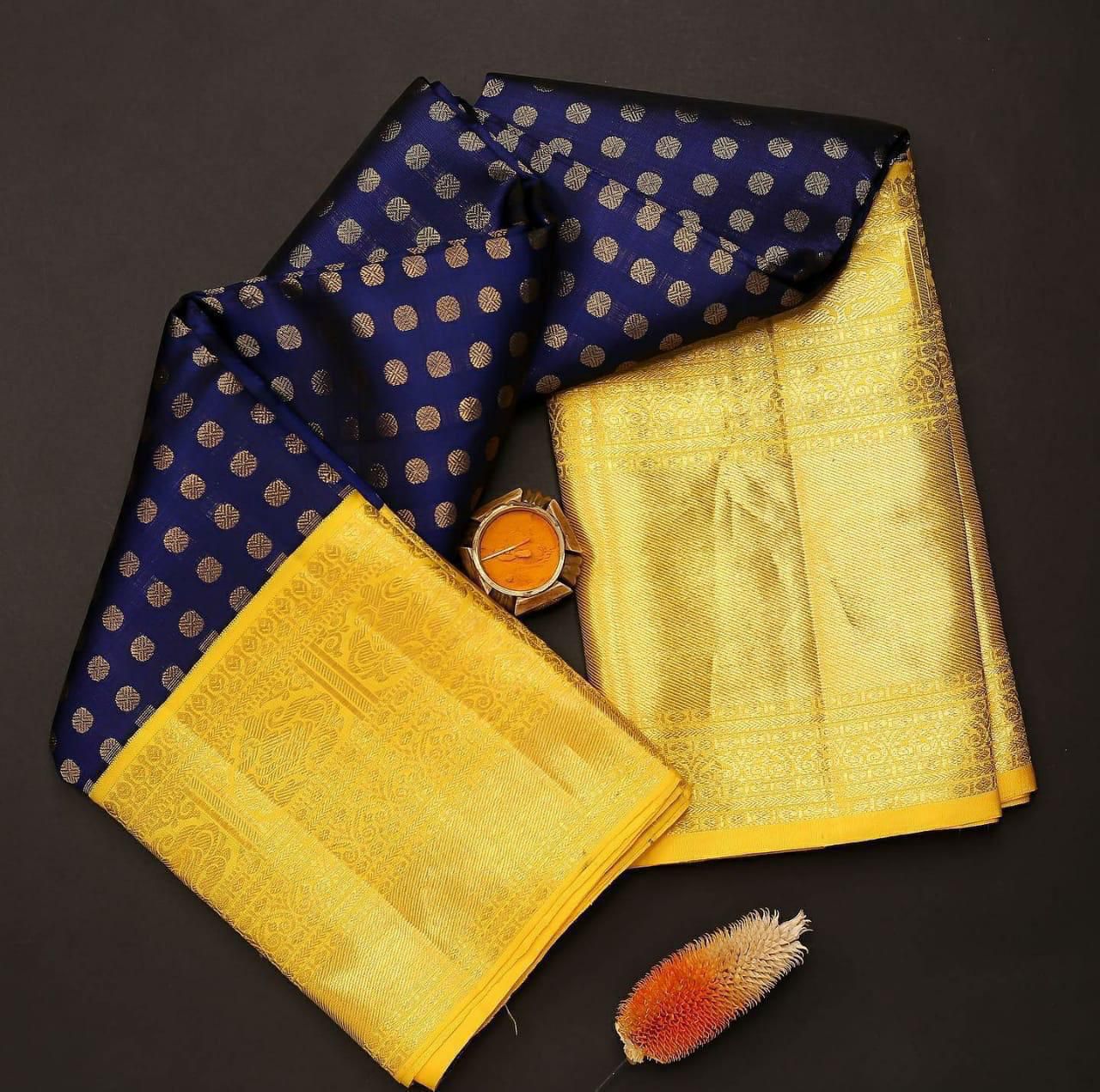 Premium Yellow & Navy Blue Colored Soft Lichi Silk Saree with Rich Pallu & Contrast Jacquard Border Blouse