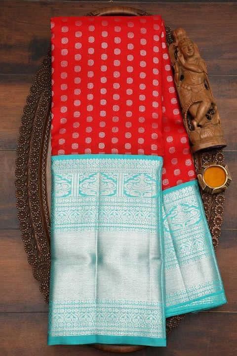 Premium Red & Sky Blue Colored Soft Lichi Silk Saree with Rich Pallu & Contrast Jacquard Border Blouse